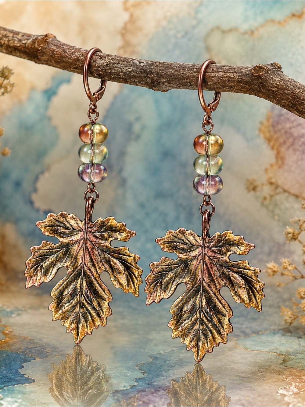 Burnished Leaf Earrings, Iridescent Glass Beads, Autumn Boho Statement Jewelry